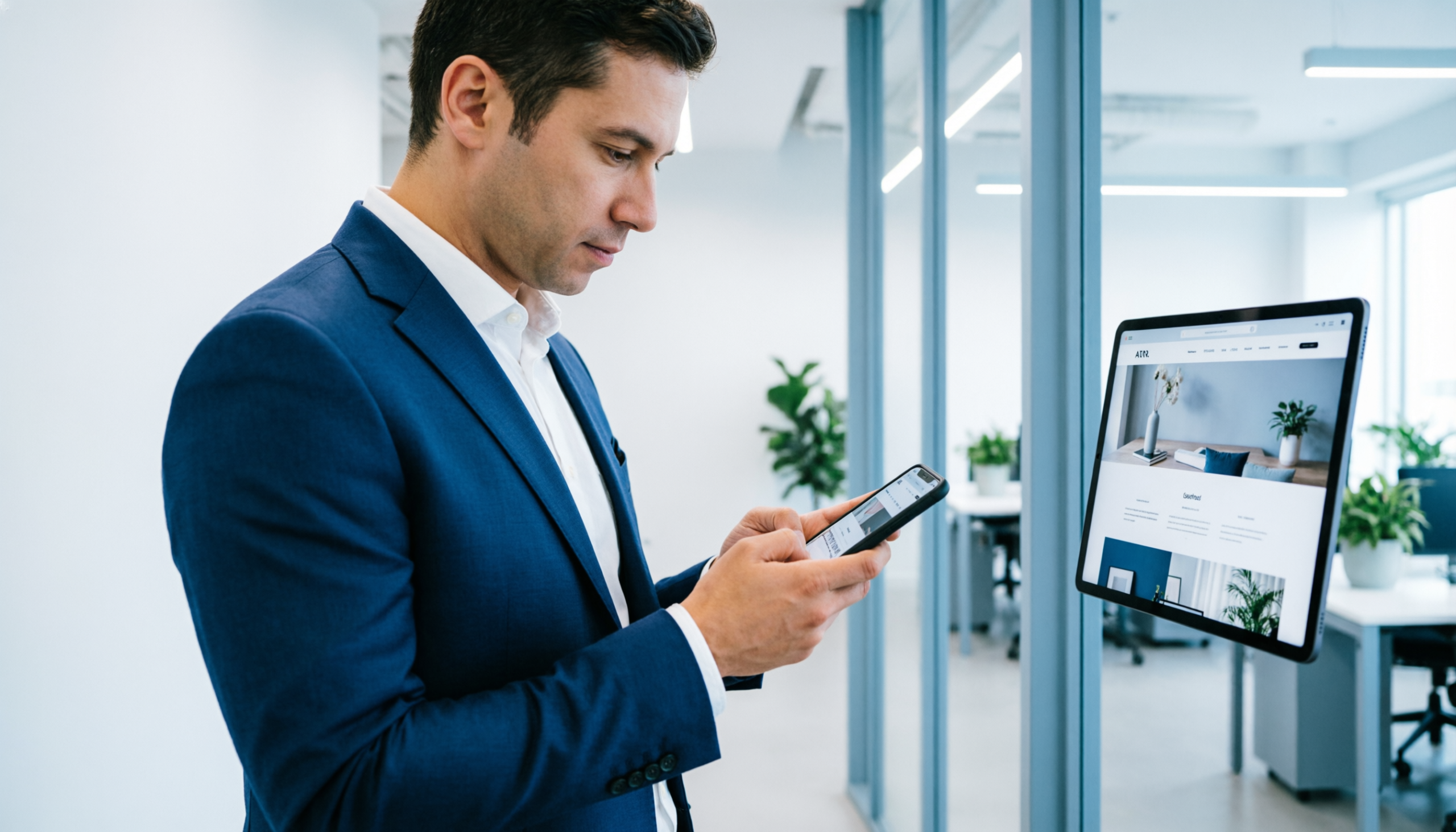 Un homme utilise son smartphone pour naviguer sur un site internet mobile-first