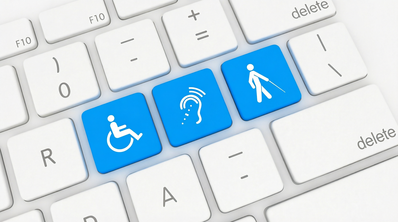 Accessibilité numérique : photo d'un clavier avec des touches symbolisant des handicaps visibles ou invisibles