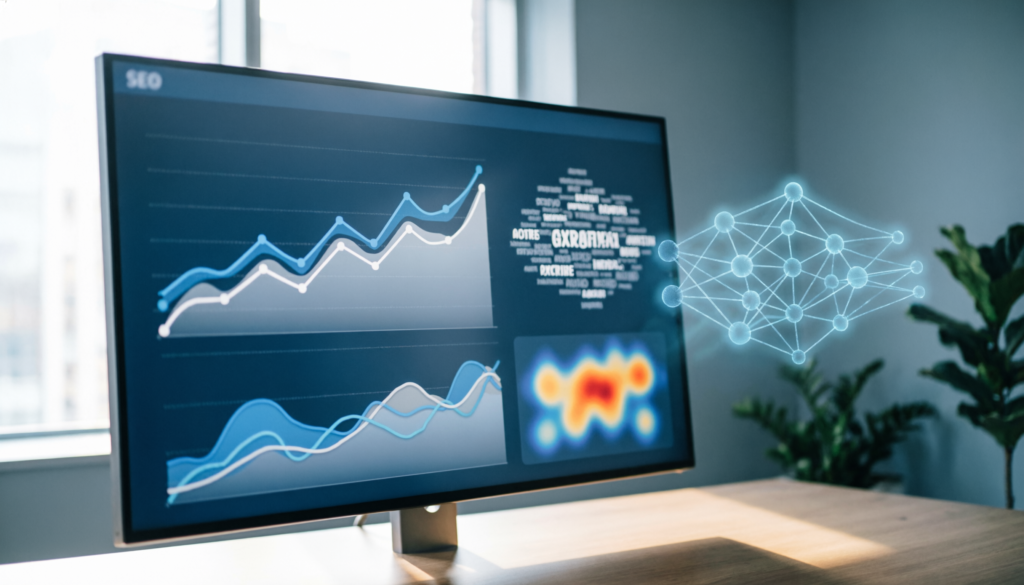 Analyse des performances SEO d'un site web avec une intelligence artificielle sur un ordinateur.