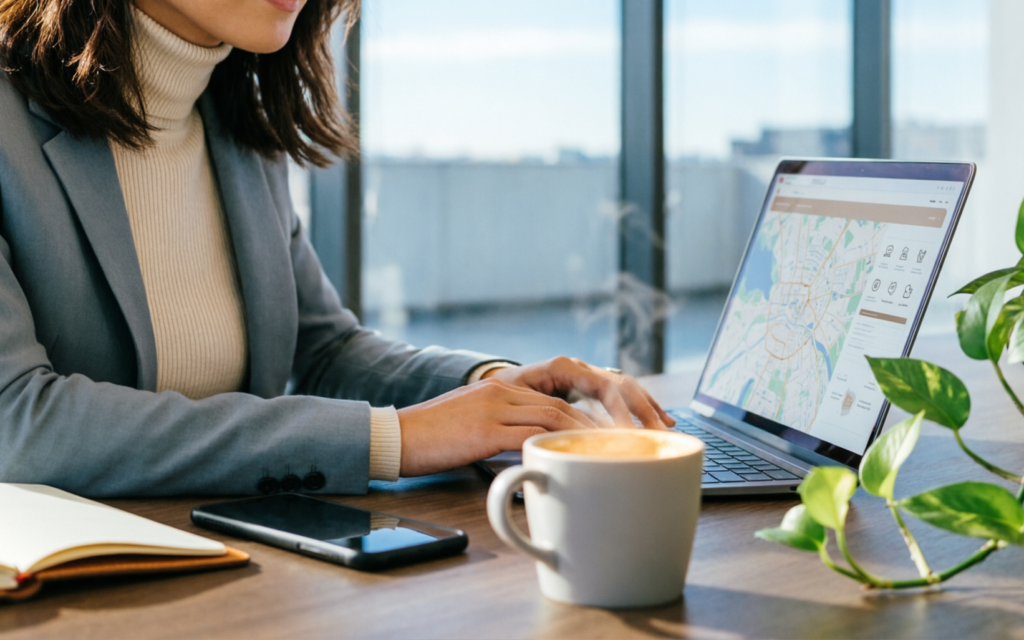 Entrepreneur mettant à jour sa fiche Google Business Profile sur son ordinateur pour améliorer sa visibilité locale.