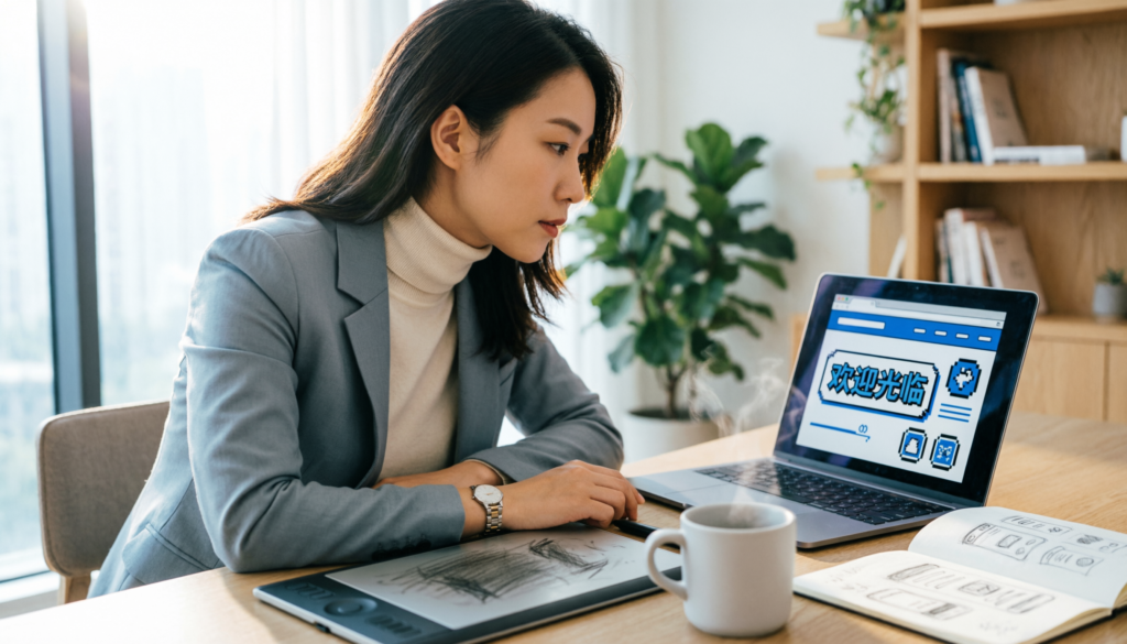 Entrepreneur observant un ancien site internet sur son ordinateur avant une refonte.